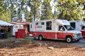 Red Cross Emergency Response Vehicles deliver supplies to service center in Weed
